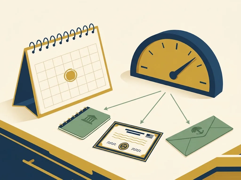 Desk calendar with a July release date circled in mustard beside a rising inflation gauge and three arrows pointing to a savings passbook, an I-bond certificate and a benefits envelope — how the June CPI print moves the rates savers earn.
