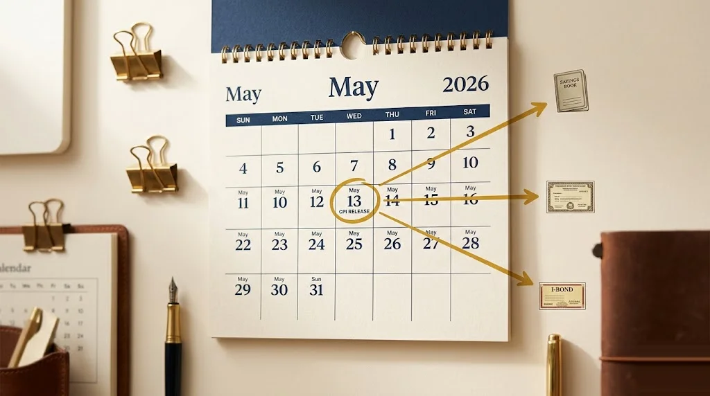 Wall calendar with a CPI release date circled in mustard and three arrows radiating toward a savings book, a Treasury bond certificate, and an I-bond — how each monthly CPI release moves your savings.
