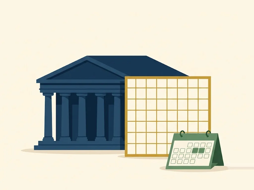 Navy central-bank pediment beside an empty gold grid with no plotted dots and a small green desk calendar marked on two days — the July 2026 FOMC decision arrives without a dot plot.