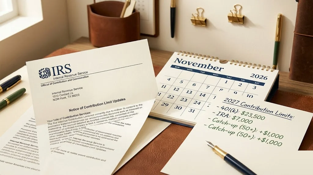 IRS official letterhead document partially visible beside a desk calendar set to November with a fountain-pen list of contribution limits — anticipating IRS 2027 401(k) and IRA contribution limits.