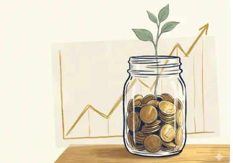 Editorial illustration of a glass mason jar full of brass coins with a green seedling growing out the top, with a sketched mustard line chart rising in the background.