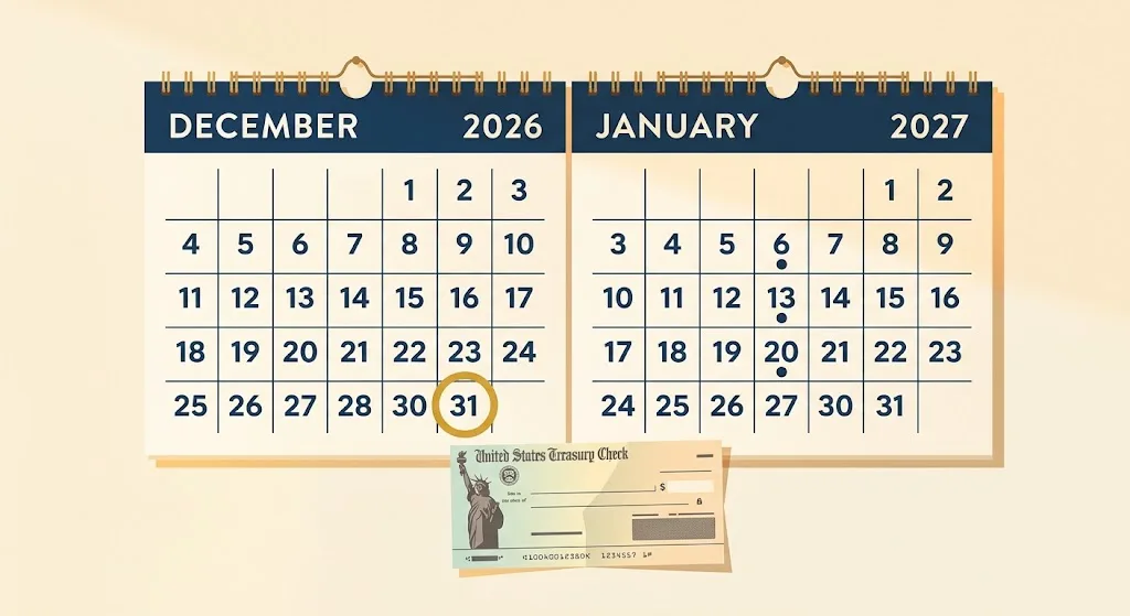 Vintage wall calendar showing December 2026 and January 2027 with December 31 circled in gold and three January Wednesdays dotted, a folded Treasury check below — when the first Social Security payment with the 2027 COLA arrives.