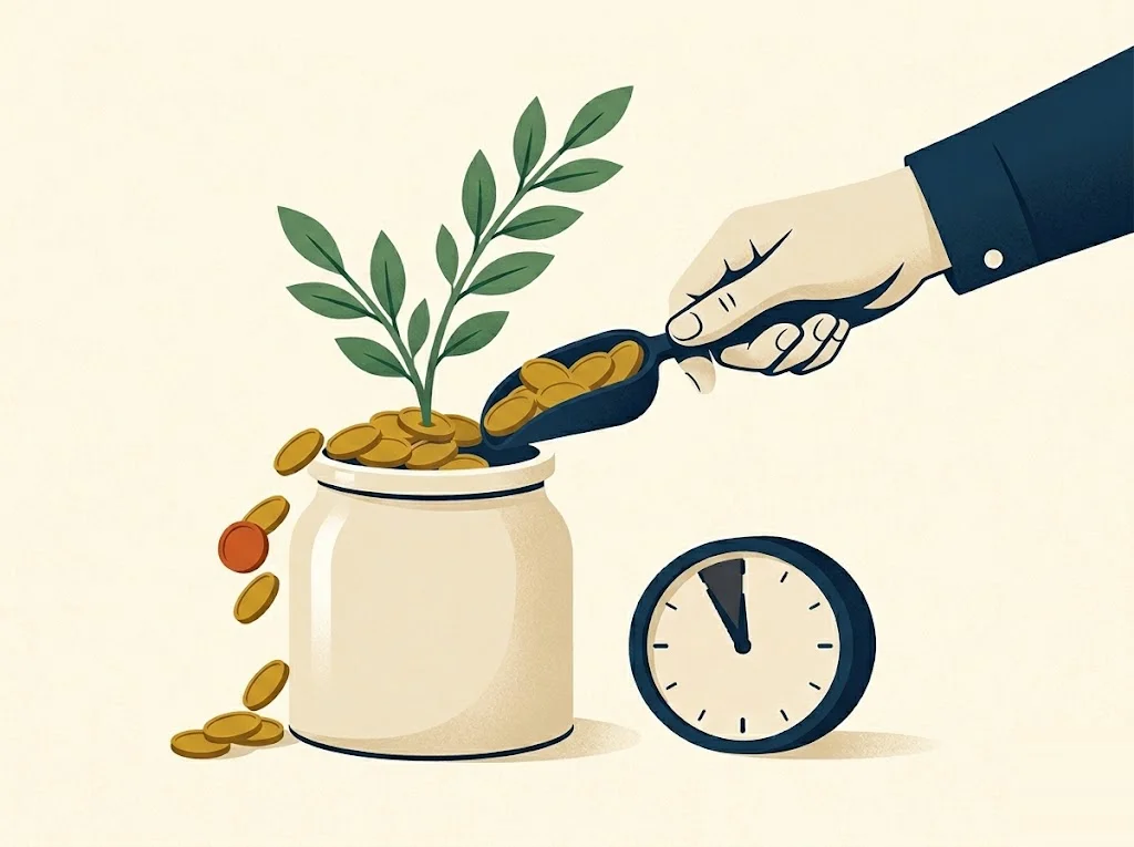 A hand scoops overflowing gold coins back out of a brim-full Roth jar before a small deadline clock runs out — correcting an excess contribution in time.