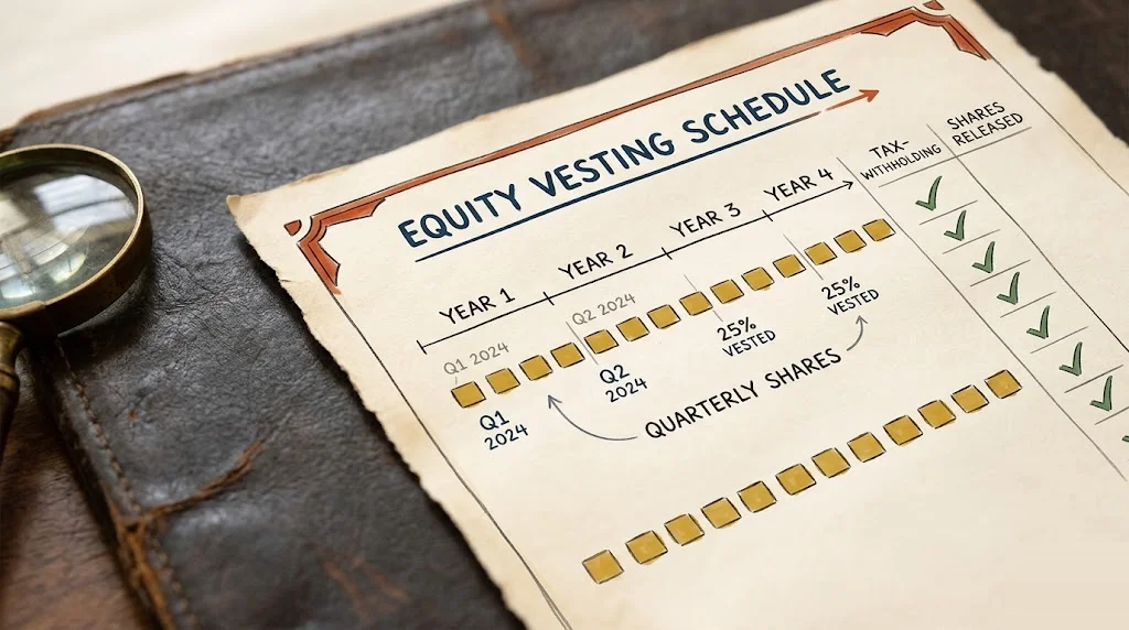 Hand-drawn quarterly RSU vesting schedule on parchment with mustard squares along a timeline beside a tax-withholding column of sage-green check marks — RSU vesting and supplemental-wage taxation.