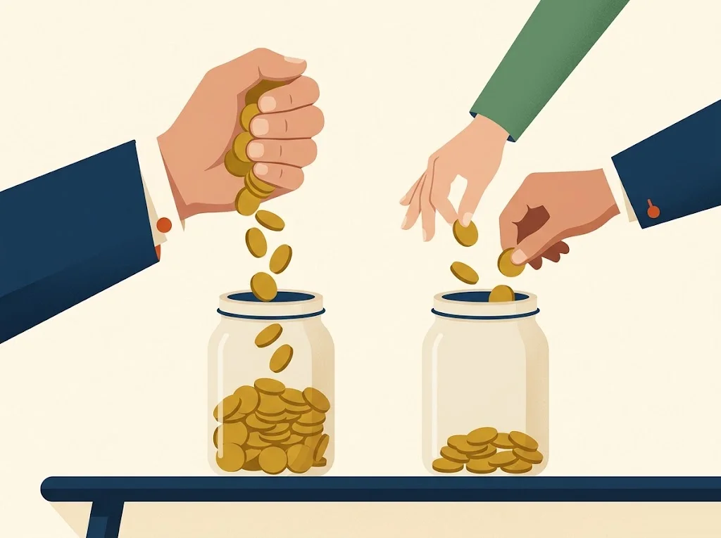 Two cream jars: one filled by a single navy employer hand pouring coins, the other by an employee hand and an employer hand together — the SEP IRA versus SIMPLE IRA funding difference.