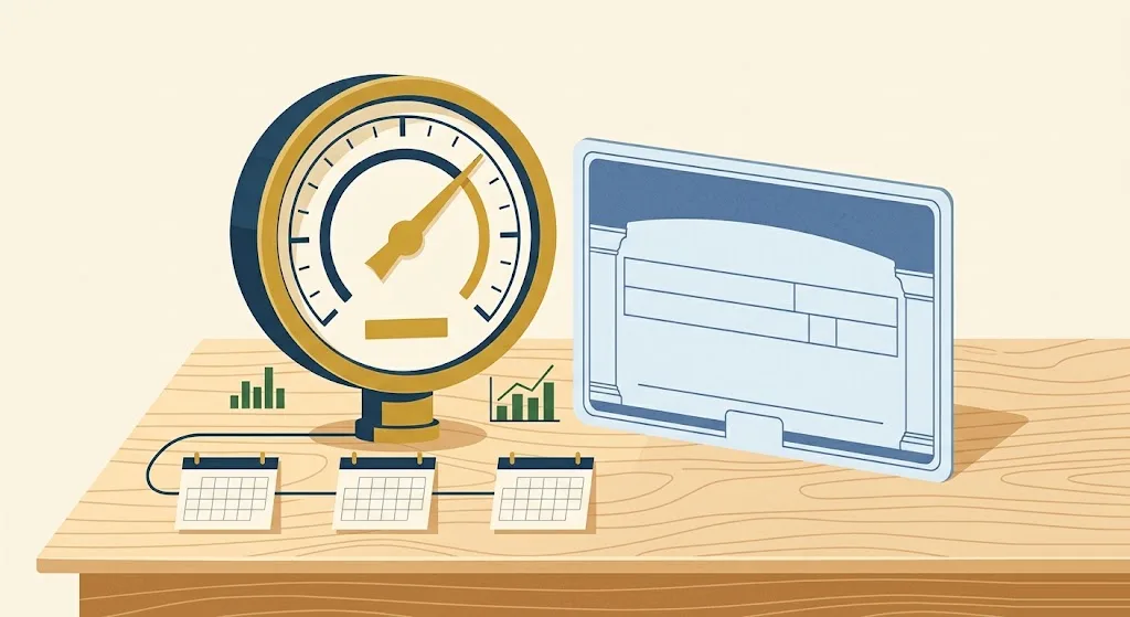 Round brass gauge with a gold needle fed by three calendar pages joined by a navy line, beside a Social Security card on a wooden desk — tracking the three CPI-W months that set the 2027 COLA.