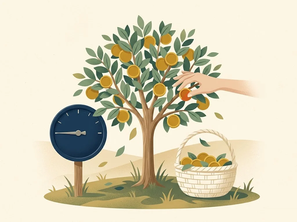 Mustard-gold coin fruits picked from a small tree into a cream basket while a navy tax gauge rests at zero — harvesting long-term capital gains inside the 0% bracket.
