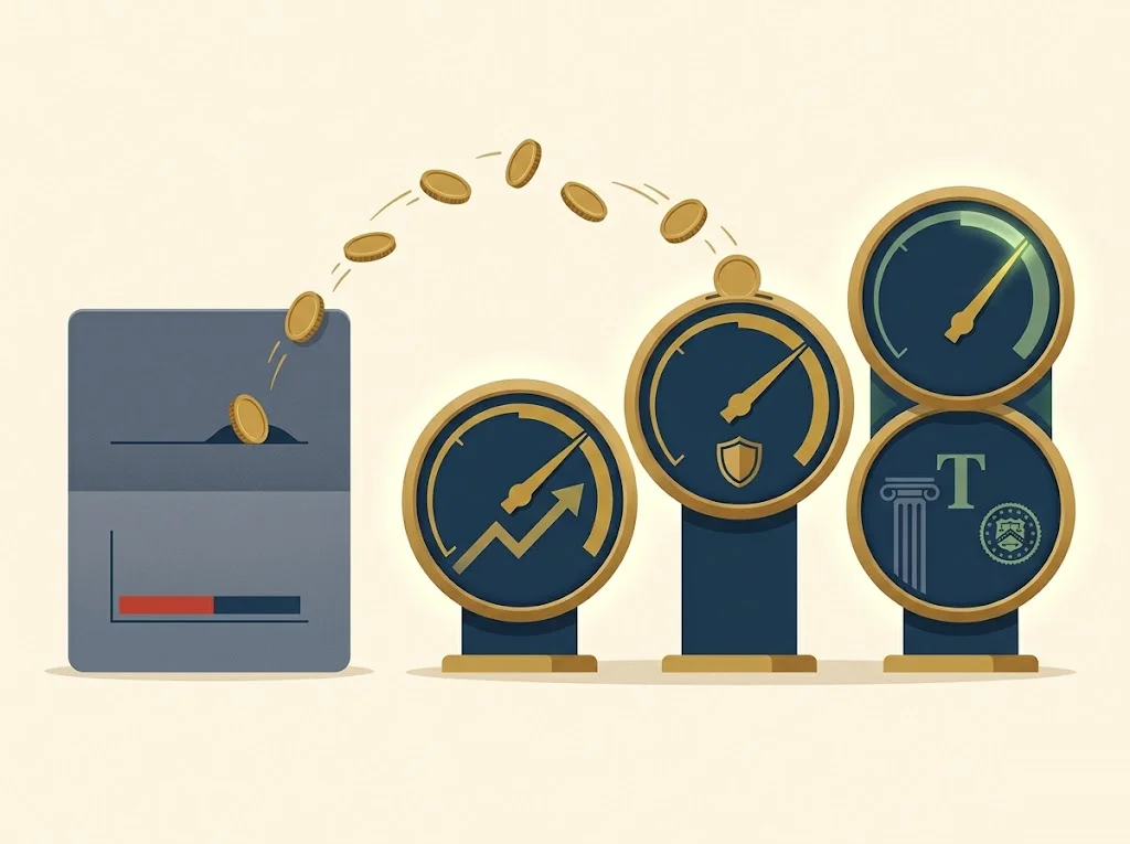 Idle cash leaping from a dull low-yield bank passbook to three glowing brass yield dials on cream paper — bank sweep account alternatives like money market funds, HYSAs, and Treasury bills.
