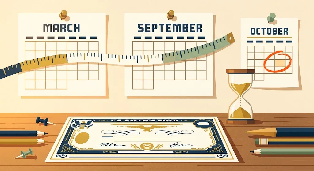 US savings bond certificate under calendar pages for March and September joined by a measuring tape, an hourglass beside a circled October deadline — tracking the I-bond rate reset of November 2026.