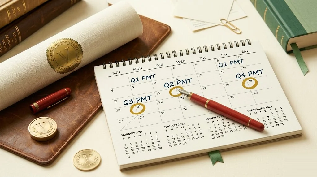 Desk calendar with the four quarterly tax due dates circled in mustard ink (April, June, September, January) and a fountain pen across the page — quarterly estimated taxes schedule for self-employed filers.
