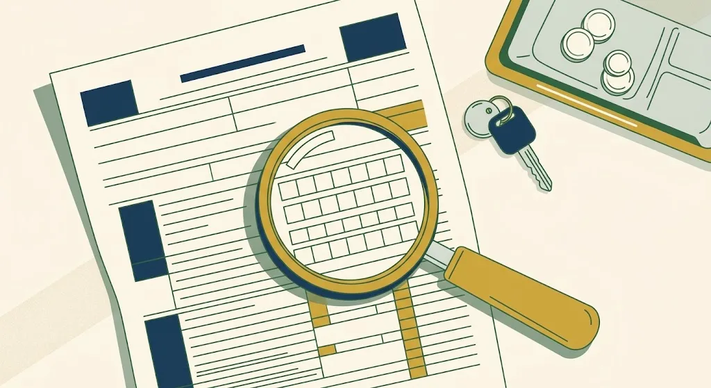 Stylized tax schedule under a magnifying glass with a car key and a tip tray beside it — the 2026 draft of Schedule 1-A and the lines that changed from 2025.