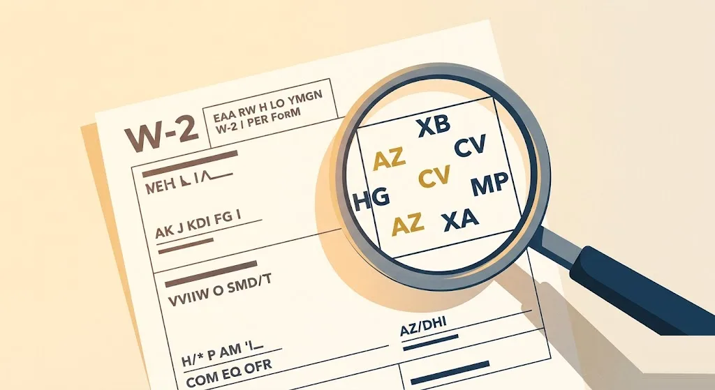 Magnifying glass hovering over the boxed section of a W-2 style form revealing neat two-letter code stamps, some highlighted in gold — the complete list of W-2 box 12 codes.