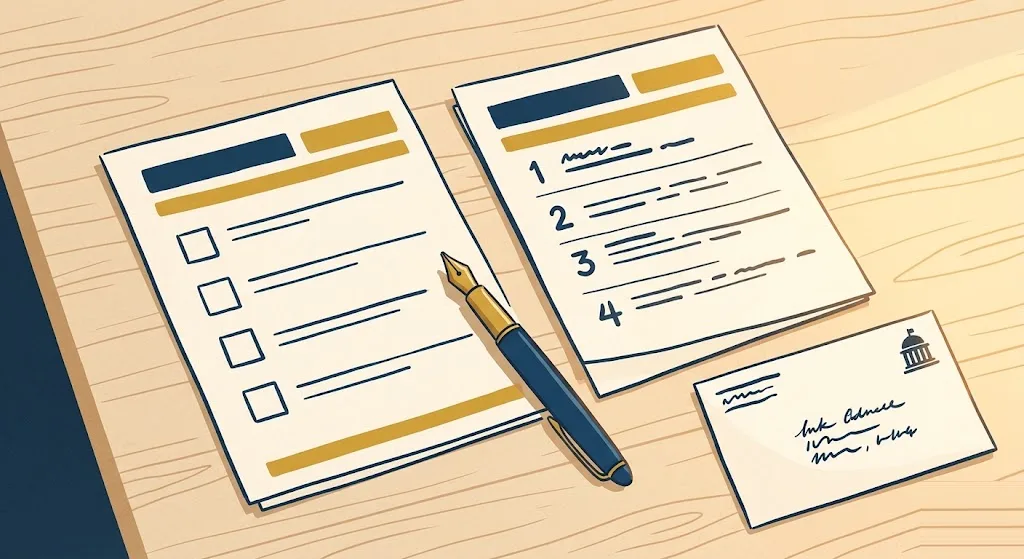 Two paper tax forms side by side, one with four checkboxes and one with numbered steps, a fountain pen between them — choosing withholding on Social Security and pensions with Forms W-4V and W-4P.